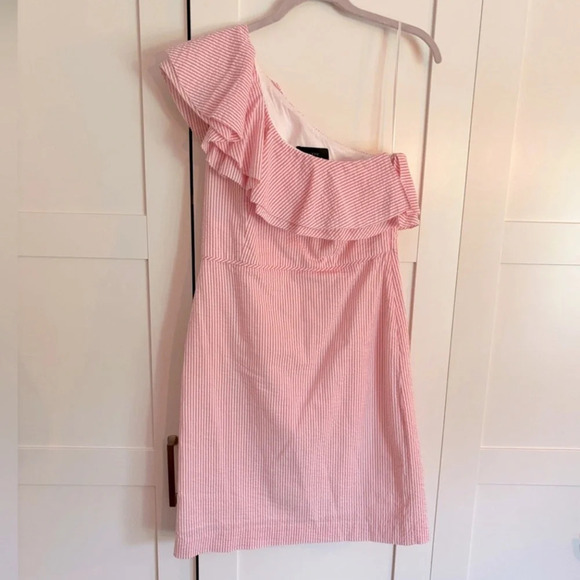 J. Crew, pink and white striped, one shoulder, seersucker dress, size 6 - Picture 2 of 8
